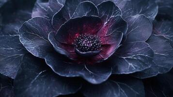 A close-up of a dark, intricate flower with deep colors and fine details photo