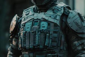 A close-up of a tactical vest worn by a soldier, featuring various equipment and pouches. photo