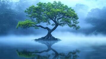 A solitary tree stands in misty water, reflecting its beauty in a serene, tranquil environment. photo