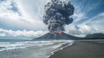 A volcanic eruption with ash clouds and lava, set against a beach landscape. photo