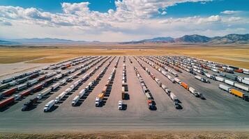 Aerial view of a large truck parking area in a vast landscape. photo