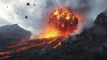 A volcanic eruption showcasing lava explosions and ash clouds. photo