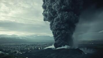 A dramatic volcanic eruption looms over a nearby city under a dark, smoky sky. photo