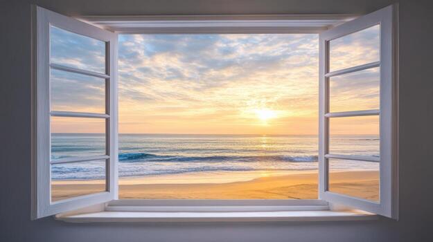 A serene view of a beach at sunset through an open window. photo