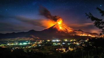 A vibrant volcano erupts under a starry sky, illuminating the surrounding landscape. photo