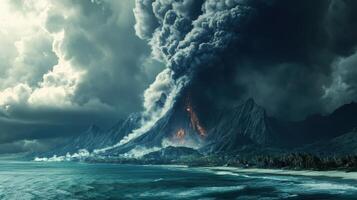 A dramatic volcanic eruption with smoke, ash, and lava impacting the coastal landscape. photo