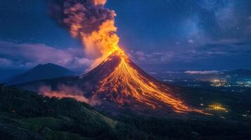 A volcano erupts at night, spewing lava and ash under a starry sky. photo