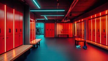 Modern locker room with vibrant lighting and benches for changing and storage. photo