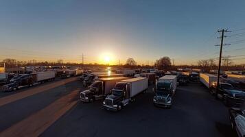 Trucks parked in a lot during sunset, showcasing a busy transport hub. photo