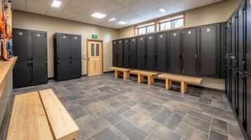 A modern locker room with black lockers, wooden benches, and tiled flooring. photo