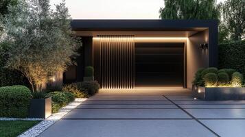 Modern entrance with sleek design, lighting, and greenery. photo