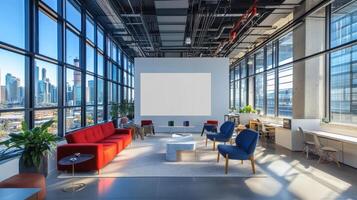 Modern office space with seating, large windows, and a projector screen for presentations. photo