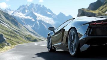 A sleek sports car parked on a winding road with mountains in the background. photo