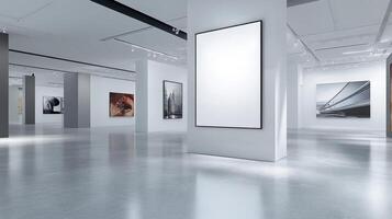 Modern art gallery showcasing various artworks on white walls and polished floors. photo