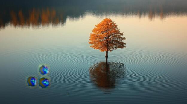 A solitary tree stands in calm water, reflecting autumn colors and creating ripples. photo