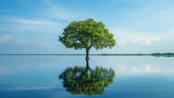 A solitary tree stands in calm water, reflecting its image under a clear blue sky. photo