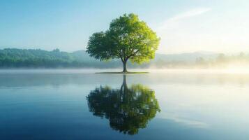 A solitary tree stands on an island, reflected in a tranquil lake surrounded by misty hills. photo