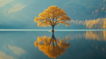 A solitary tree with golden leaves reflects in calm water, surrounded by serene mountains. photo