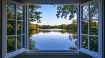 A serene view of a calm lake framed by a window, showcasing nature's beauty. photo