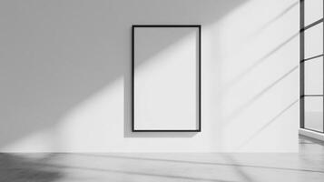 Minimalist room with a blank frame on the wall, showcasing light and shadow play. photo