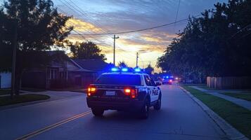 Police vehicles with flashing lights on a residential street at dusk. photo