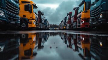 A row of colorful trucks reflecting in a puddle under a cloudy sky. photo
