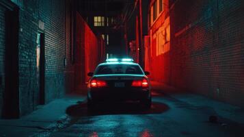 A police car illuminated by blue and red lights in a dimly lit urban alleyway. photo