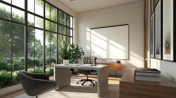 Modern office space with large windows, desk, and greenery. photo