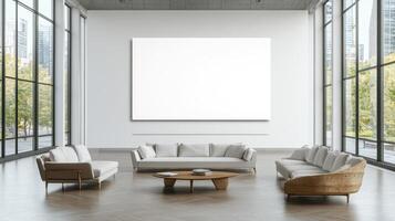 Modern living room with large blank canvas, emphasizing minimalism and space. photo
