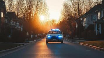 A police car with flashing lights on a quiet street during sunset. photo