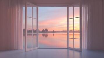 A serene view of a lake at sunset through open windows with flowing curtains. photo