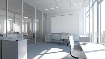 Modern office space with glass partitions and large windows for a bright work environment. photo