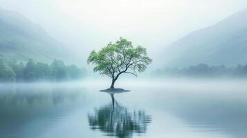 A serene misty landscape featuring a solitary tree reflecting in calm waters. photo