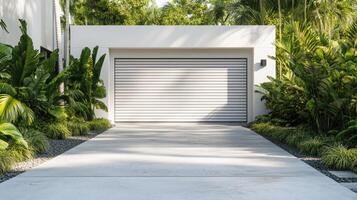 A modern garage with a sleek door surrounded by lush greenery and a concrete driveway. photo
