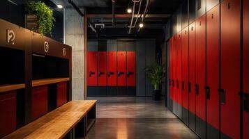 Modern locker room with red lockers and wooden bench, designed for storage and organization. photo