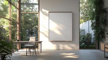 A minimalistic workspace with natural light and greenery, featuring an empty canvas. photo