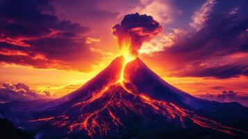A dramatic volcanic eruption under a colorful sunset sky. photo