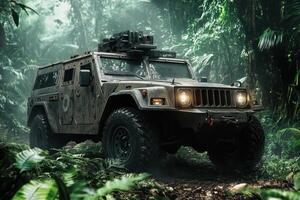 A rugged military vehicle navigating through a dense jungle environment photo