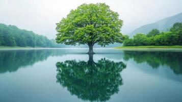 A serene tree reflecting in calm waters, surrounded by lush greenery and misty mountains. photo
