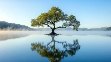A solitary tree stands in calm water, reflecting its beauty against a serene background. photo