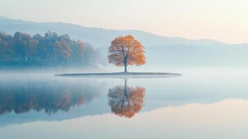 Serene landscape featuring a solitary tree on an island, reflected in calm water. photo