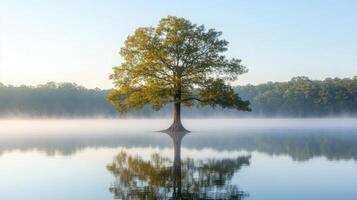 A serene tree stands alone in a misty lake, reflecting nature's tranquility at dawn. photo