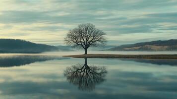 A solitary tree stands by a calm lake, reflecting its image in the serene water. photo