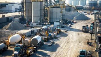 Industrial site with silos, trucks, and construction materials in a busy environment. photo