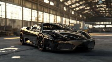 A sleek black sports car displayed in an industrial setting with dramatic lighting. photo
