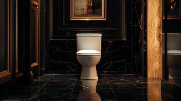 A stylish bathroom featuring a modern toilet against a luxurious dark marble backdrop. photo