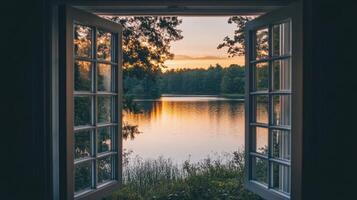 A serene view of a lake at sunset through open windows, showcasing nature's beauty. photo