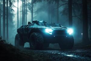 A futuristic armored vehicle illuminated in a misty forest setting photo