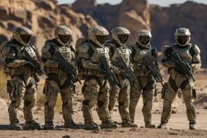 A group of armored soldiers standing together in a desert-like environment, ready for action. photo