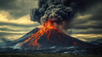 A dramatic volcanic eruption with lava flowing and ash clouds billowing into a stormy sky. photo